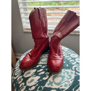 Justin Western Cowboy‎ Boots Red Leather Pull On Round Toe Boots